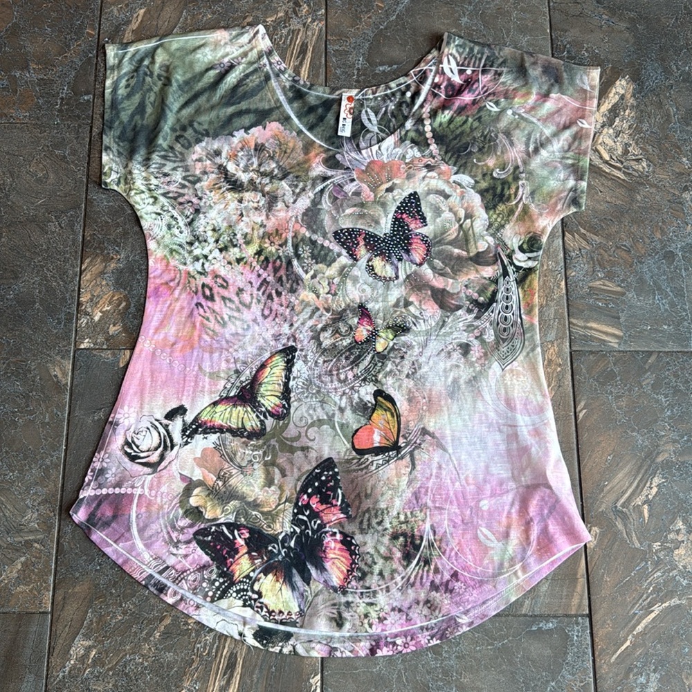 Big Bang Womens Wearable Art Tunic Top XL Butterfly Print Rhinestones Hi Low - Picture 6 of 12